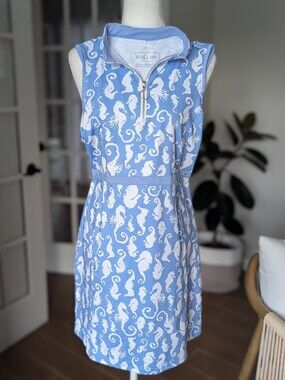 AnaClare Active Light Blue Sleeveless Seahorse Print Dress Small